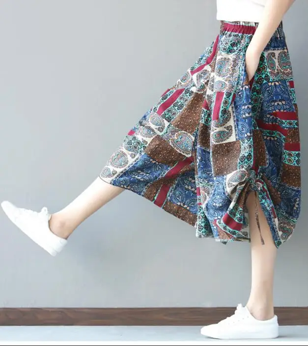 Большие размеры из хлопка и льна семь центов Штаны женская одежда летняя мода в национальном стиле с эластичной талией широкая нога Штаны