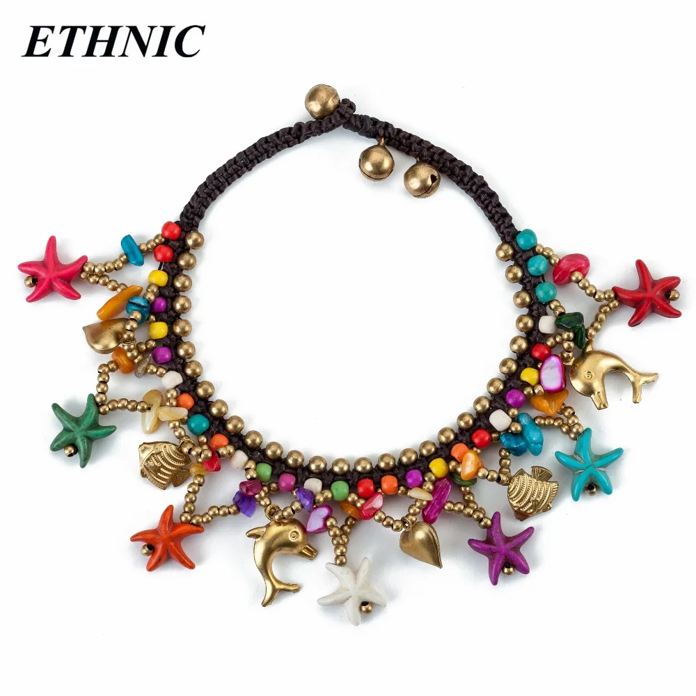 

ETHNIC Brand Bohemian Colored Sea Star Shaped Charm Gold-Color Beads Chain On Foot Anklets for Women Beach Fashion Anklet