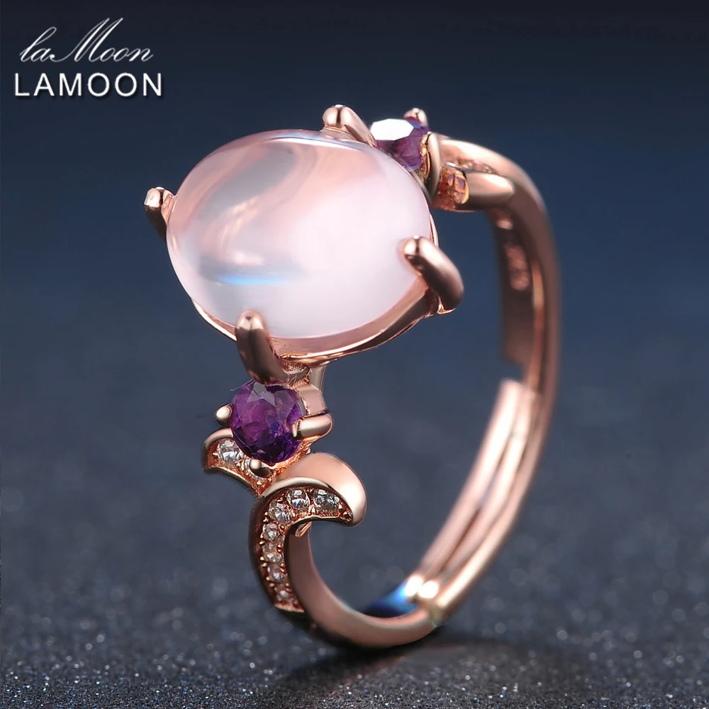 LAMOON Princess Pink Rings For Women 8x10mm 100% Natural Oval Rose Quartz Gemstone 925 Sterling Silver Fine Jewelry RI017