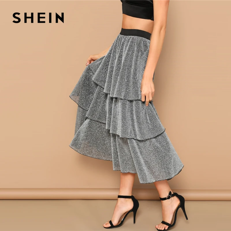 SHEIN Блестящая Юбка С Оборкой И Контрастной Талией Стильная Макси Оборками