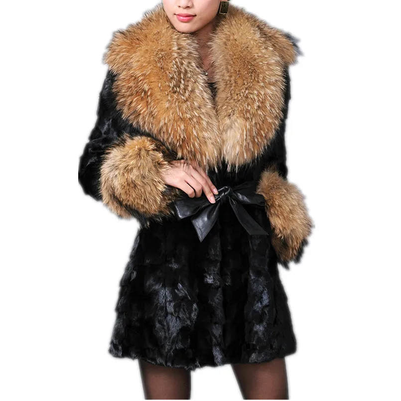 

Real fur coat of natural mink winter big black white fur collar of real fox /raccoon fur 80cm long women warm fur jacket C223