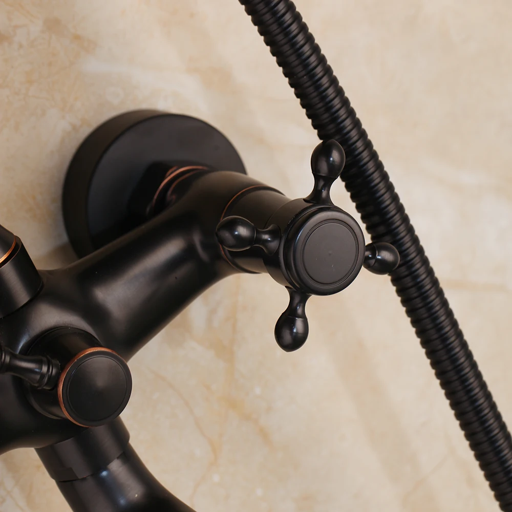  KEMAIDI Bathtub Black & Antique Brass Rainfall Stream Spout Tap Rain Shower Head Faucet Shower Set 