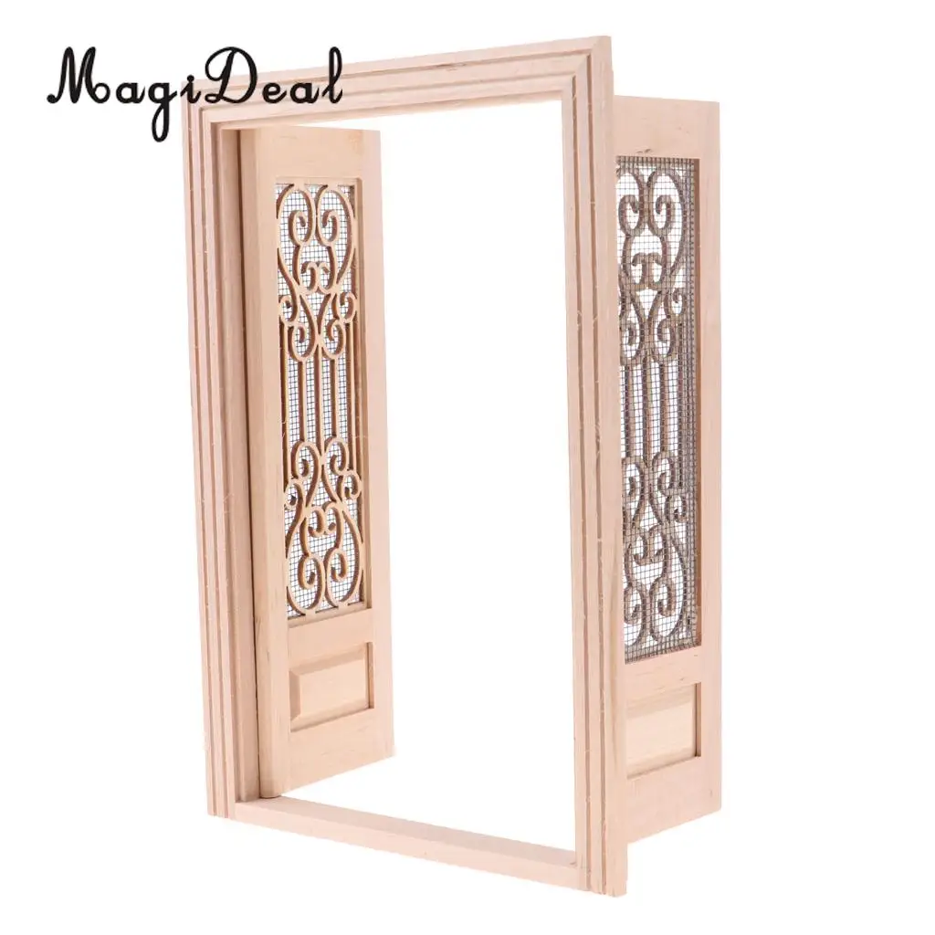 1/12 Dollhouse Miniature Wooden External Hollow Screen Double Door Unpainted Rooms DIY Items Dolls House Furniture Decor Acc