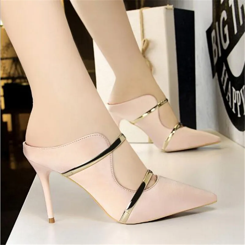 

New Two Gold Word Band Sexy Cut-Outs Women Slippers Summer Concise Silk Pointed High Heels Shoes Women's Shallow Party Slippers