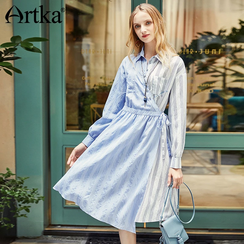 

ARTKA 2018 Autumn New Women Sashes Turn-down Collar Long Sleeve Cross Patchwork Thin Irregular Hem Long Striped Dress LA11089Q