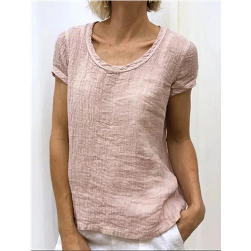 

2019 Women Fashion T-shirt Full Cotton Double Crepe Shirts O-Neck Short Sleveve Solid Color Green Pink White Light Gray Shirts