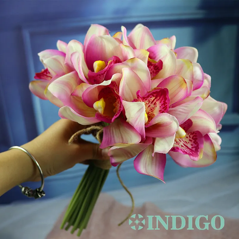 

15pcs Mini Pink Cymbidium Bouquet Real Touch Bride Wedding Flower Artificial Flower Floral Event Party Free Shipping