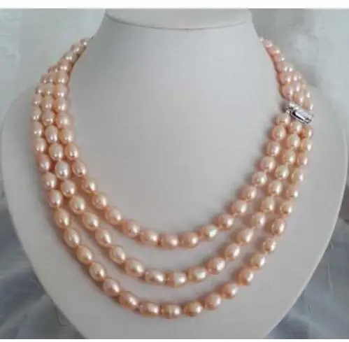 

3 row Charming natural 8-9mm AAA pink pearl necklace jewelry17"