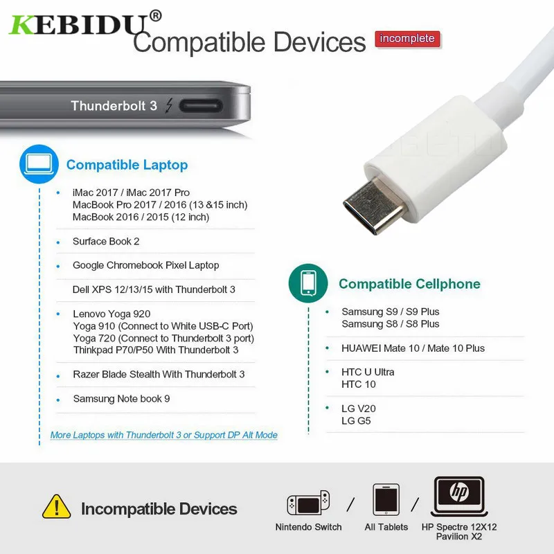 Кабель адаптер KEBIDU Type C VGA USB 3 1 штекер гнездо для Macbook 12 дюймов Chromebook Pixel Lumia
