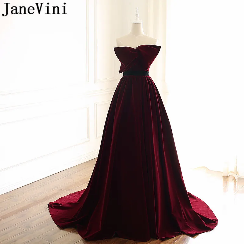 

JaneVini Vintage Burgundy Bridesmaid Dress Strapless Big Bow Backless 2019 Prom Dresses A Line Velvet Long Wedding Guest Dress