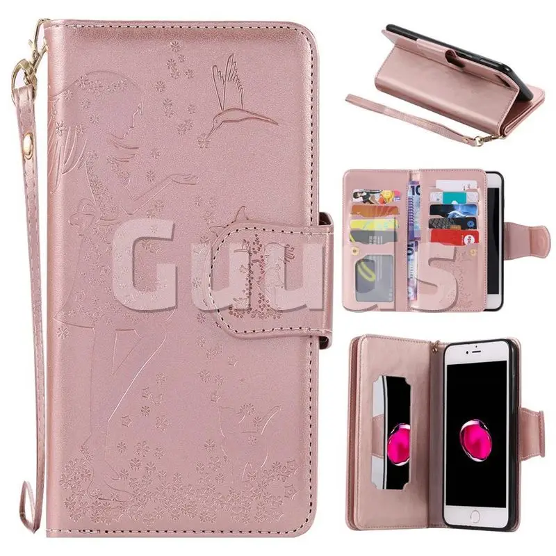 Embossing Cat Girl 9 Card Leather Wallet Case for iPhone 8 Plus / 7 Plus 7P(5.5 inch) - Rose Gold
