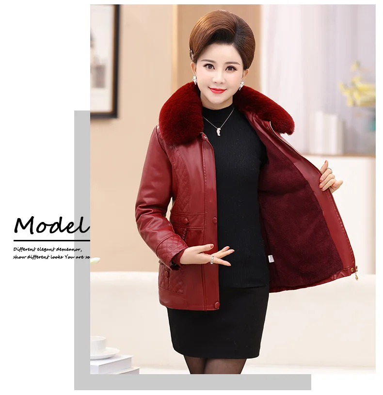Middle Aged Women Winter Leather Jacket Short Padded Coat Artificial Fur Collar Jackets For Old Women Winter Coat 2018 New CH741 (3)