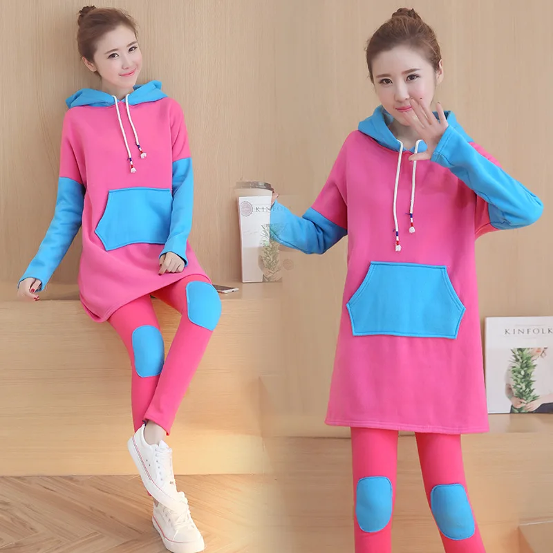 

2016 new winter color plus suede thickened stitching hooded suit for pregnant women large size
