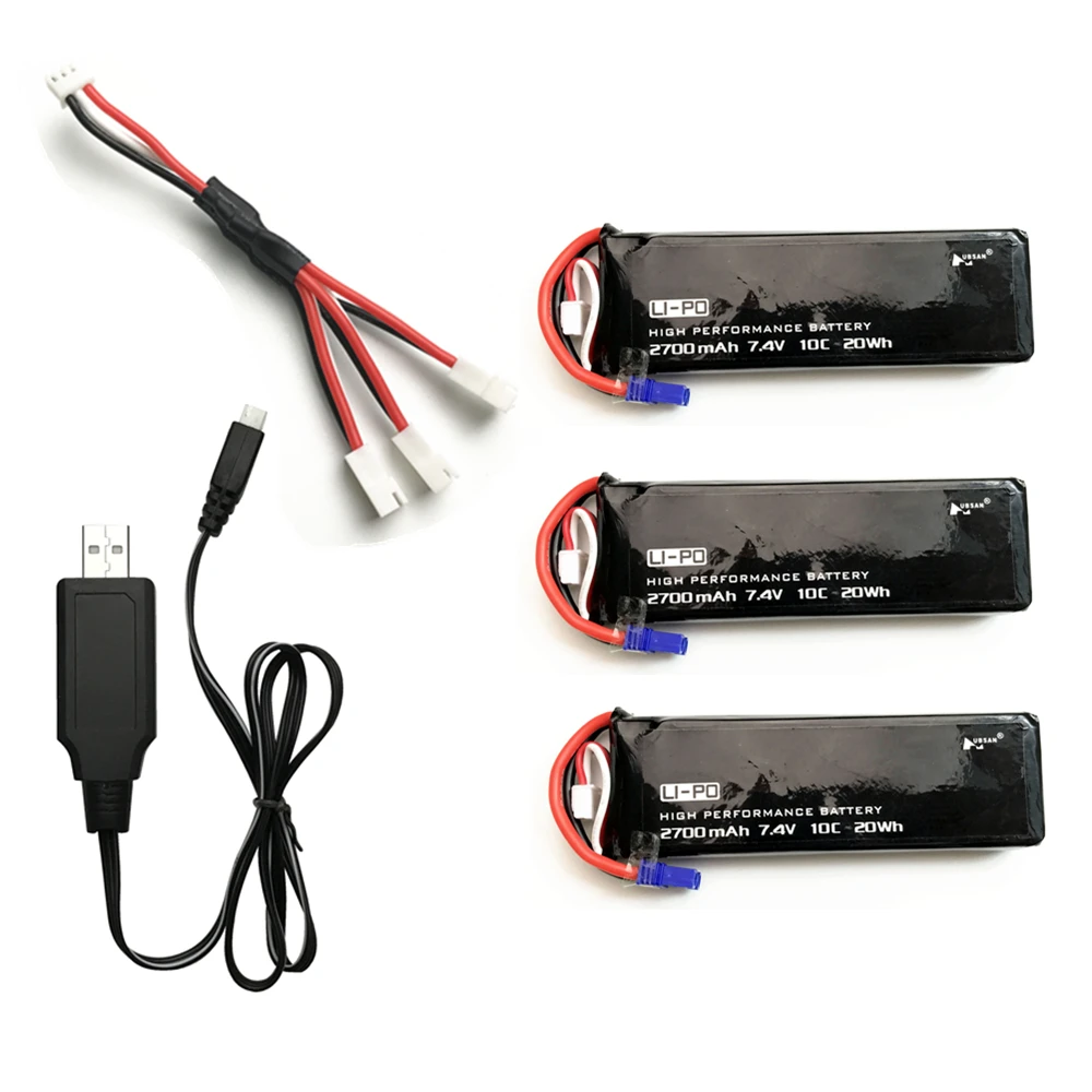 

7.4V 2700mAh 10C Battery + 1 In 3 Cable + USB Charger Set For Hubsan H501S H501C H501A H501M X4 RC Quadcopter