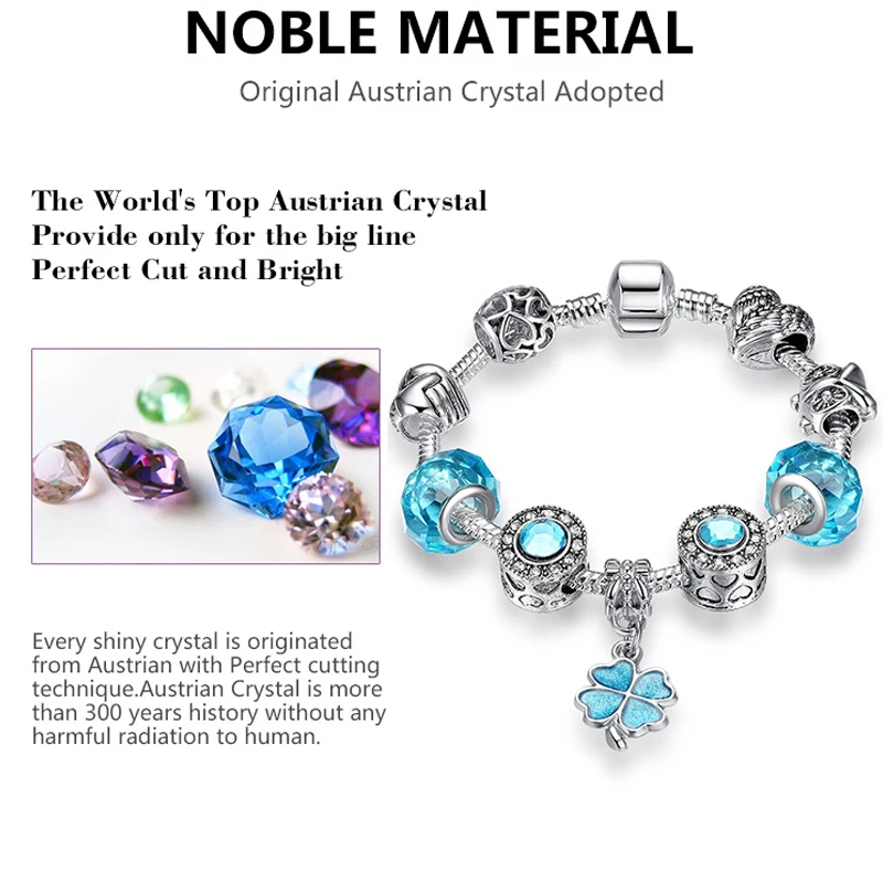 ELESHE Christmas Gift Blue Murano Glass Beads Crystal Clover Charm Bracelet Fit European Bracelet for Women Friendship Jewelry