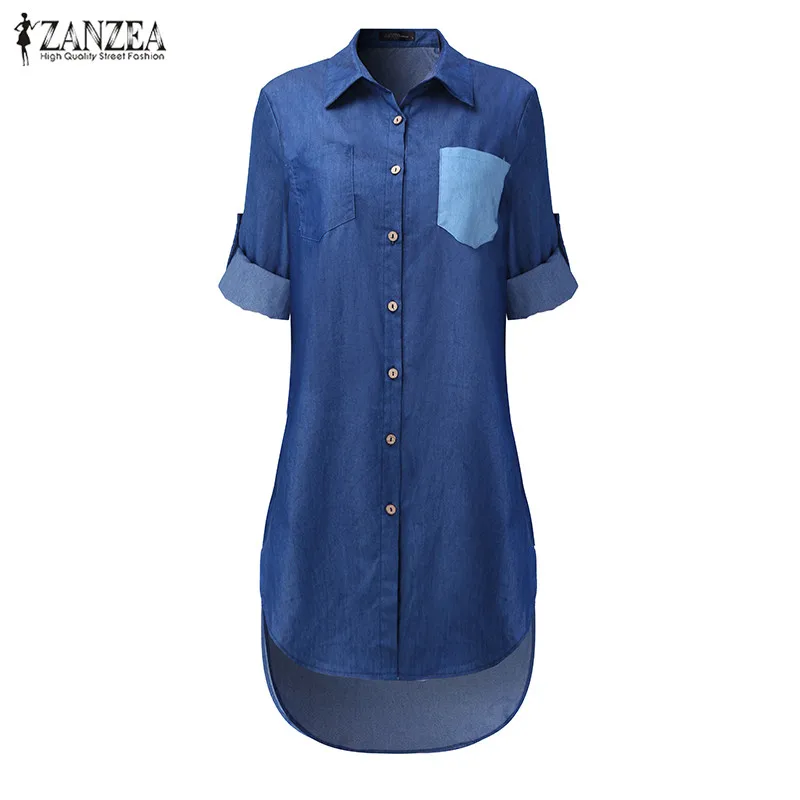 

ZANZEA Women 2019 Spring Autumn Denim Shirt Dress Ladies Casual Loose Lapel Long Sleeve Asymmetrical Dresses Vestidos Oversized