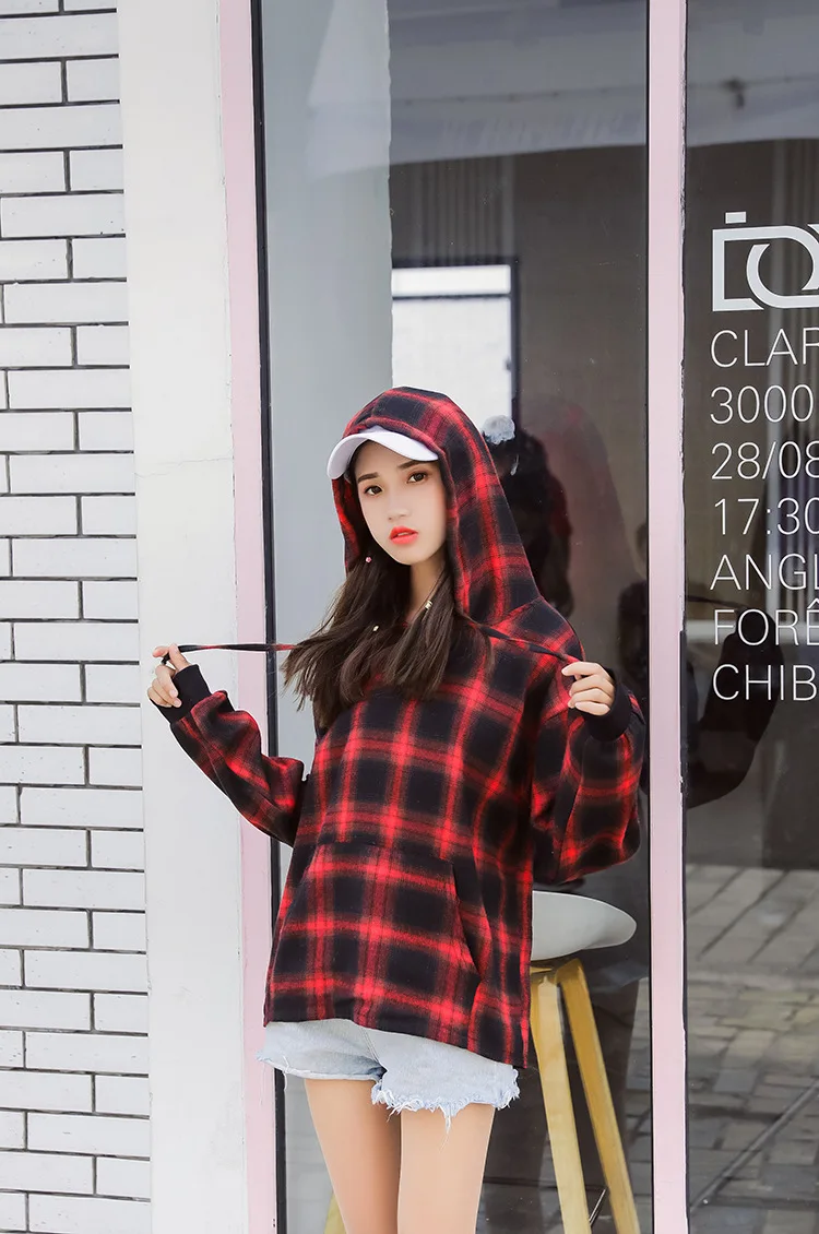 

Mr.nut women's 2019 new Korean version of the college wind loose plaid hoodie hooded thin section fashion hoodie