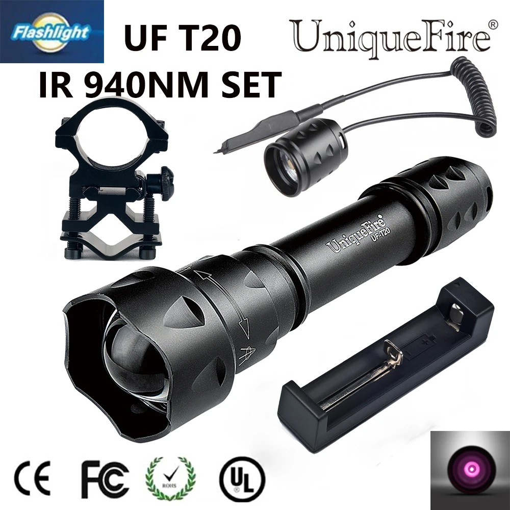 

UniqueFire T20 IR 940nm LED Flashlight 38mm 3 Modes Torch Zoomable Infrared Flashlight For 1x18650, Rechargeable Lamp Lantern