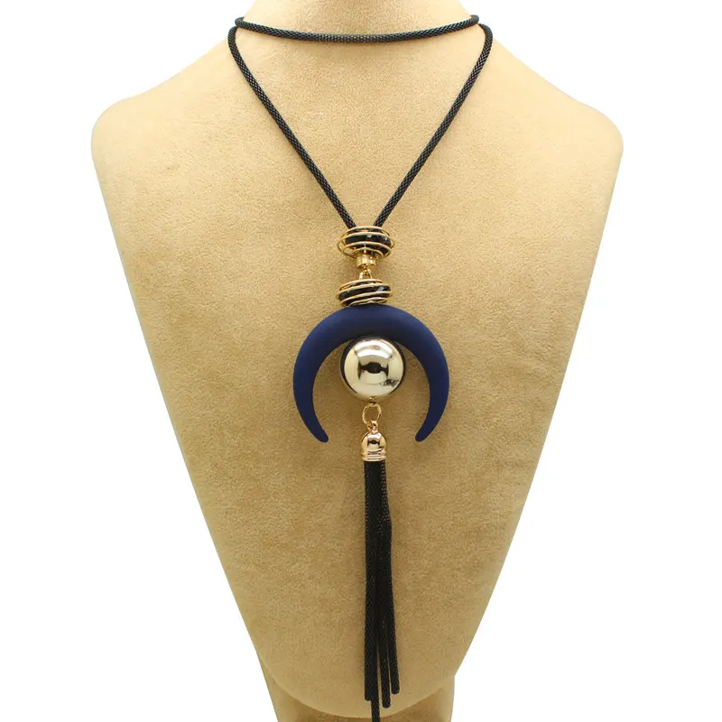

Fashion Vintage Moon Long Pendant Tassel Necklace Chain For Women Black Chain High Quality Statement Necklace