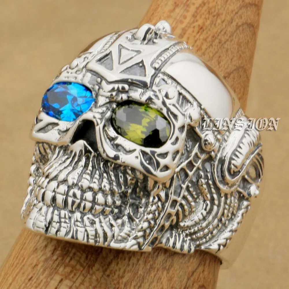 

US Size 8 ~ 15 Blue + Green CZ Eyes 925 Sterling Silver Gothic Tattoo Skull Mens Boys Biker Rock Punk Ring 9G405