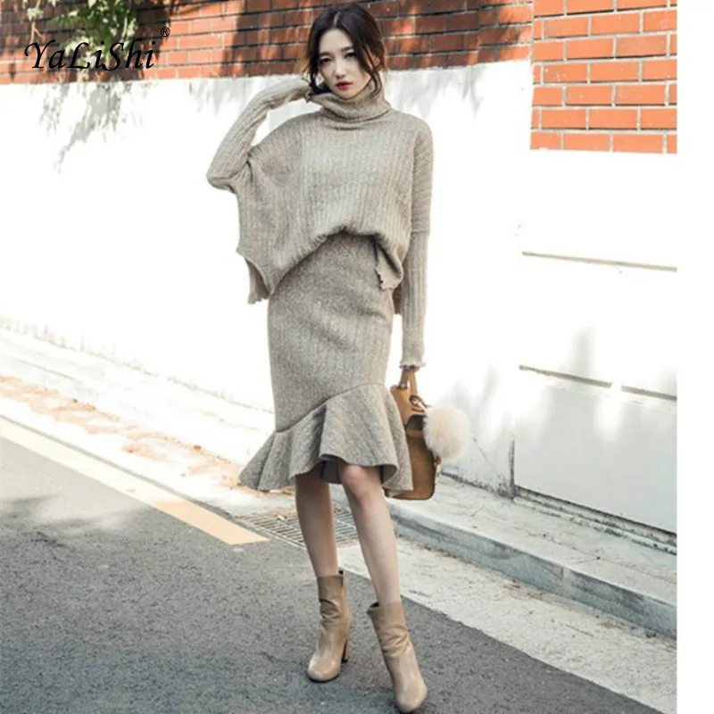 

2 Piece Set Women Gray Khaki Full Batwing Sleeve Turtleneck Korean Autumn Sweater Top and Vintage Skirt Two Piece Set Vestidos