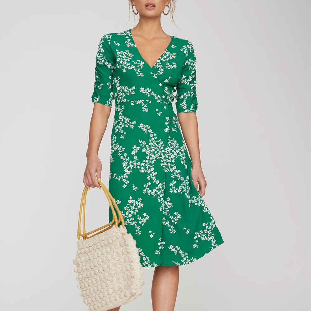 Bohemian beach dress elegant Knee Length V Neck casual dress Print A