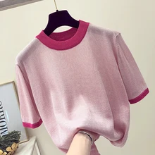 Summer Women Shiny Knitted T Shirt Top Tees Short Sleeve O Neck Casual T-Shirts Sexy bling Knitwear Basic Elastic T-shirt pink