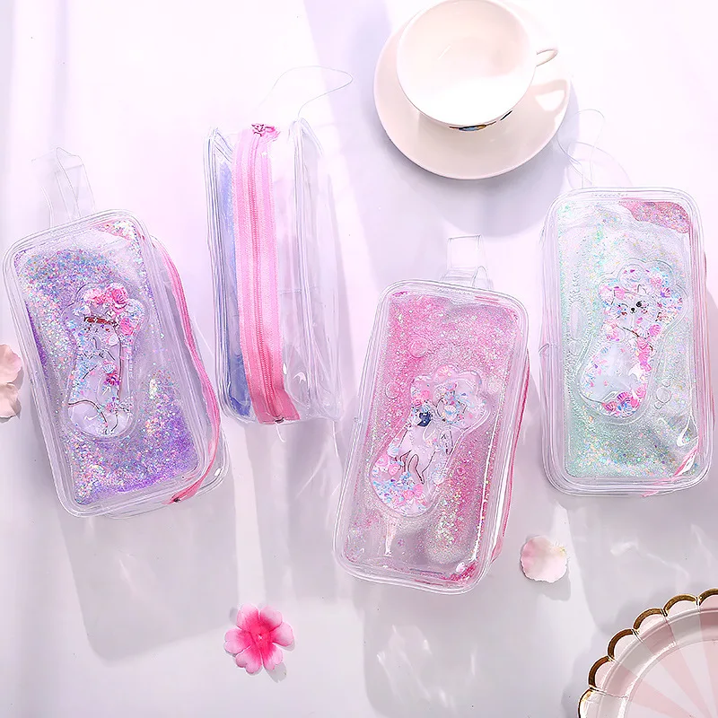 

Women Travel PVC Cosmetic Bags Transparent Quicksand Zipper Makeup Bags Organizer Storage Girls Kawaii Cat Caws Pencil Bags