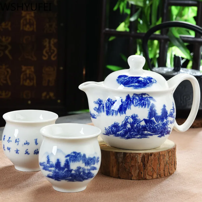 

3pcs\lot blue and white porcelain tea set home anti-scalding double cup Kung Fu tea bowl travel portable tea set WSHYUFEI