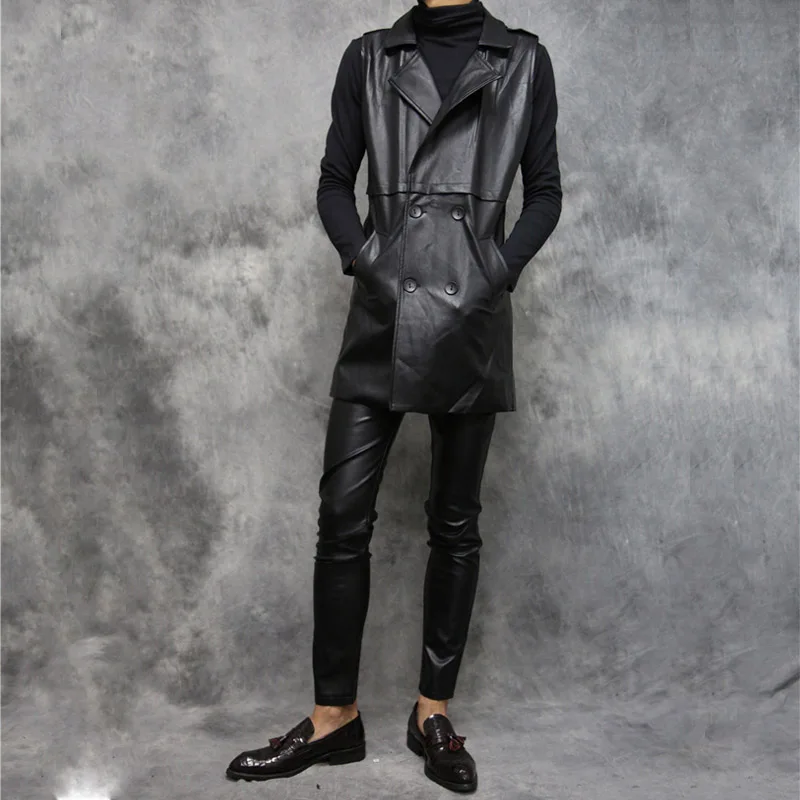 

2016 New men's clothing Autumn and winter sleeveless slim motorcycle medium-long leather vest outerwear singer costumes