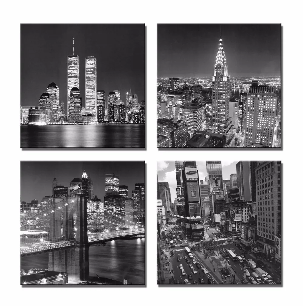 Yin Art 4-Panel Canvas Print Wall Art Set - New York City Historic Buildings Statue in Black and White - Yellow Taxis in Selective Color, 12x12 Inch