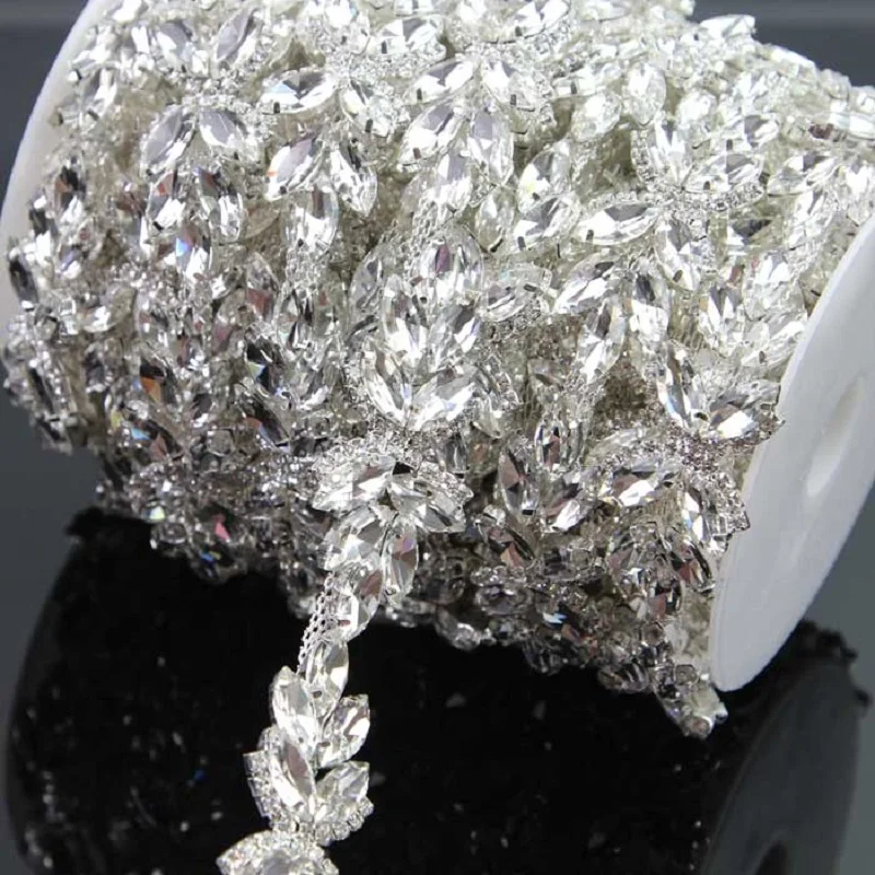 1 Yard 2.6cm Silver Plated Transparent Rhinestone Trim Hot fix Sewing