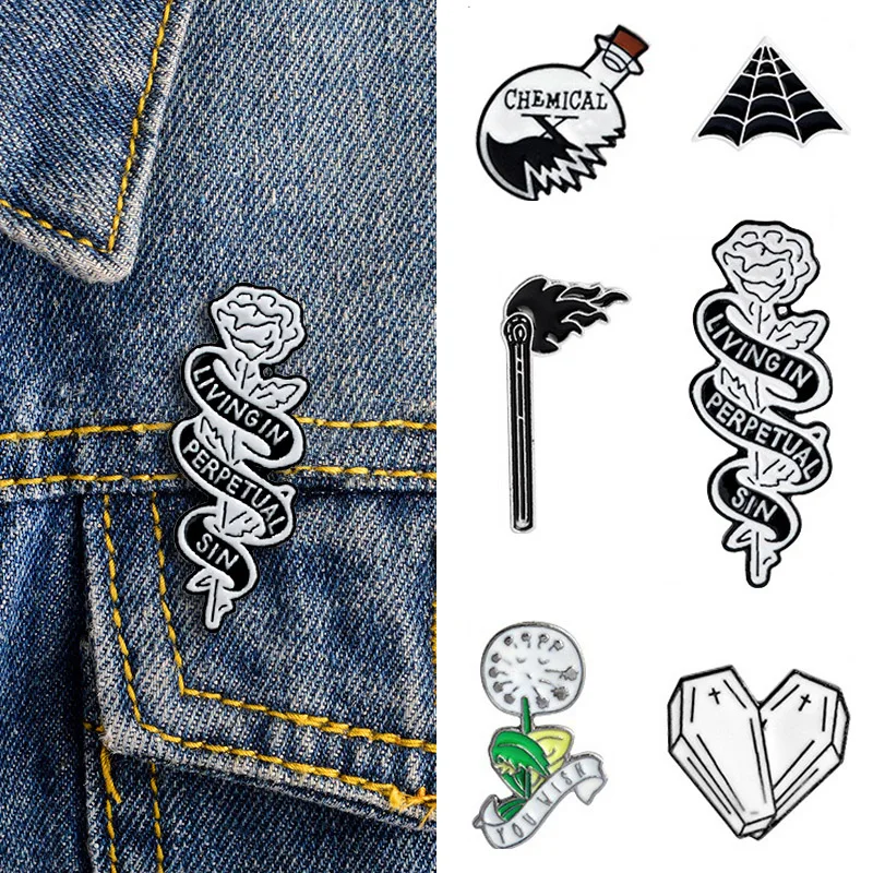 

2019 Pins and brooches Science Chemical Heart Cobweb Matches Rose Knife enamel pin Badges Hat Backpack Accessories jewelry Gift