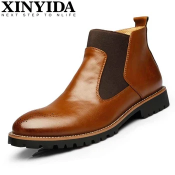 

Luxury Genuine Leather Martin Boots British Carved Brogue Ankle Boots Fashion Men Boots Men's Slip-on Motorcycle Shoes Plus Size