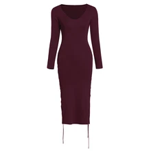 2018 Spring Dress Women Elegant V Neck Lace Up Long Sleeve Knitted Dresses Red Pink Mid-calf Bodycon Casual Bandage Long Dress