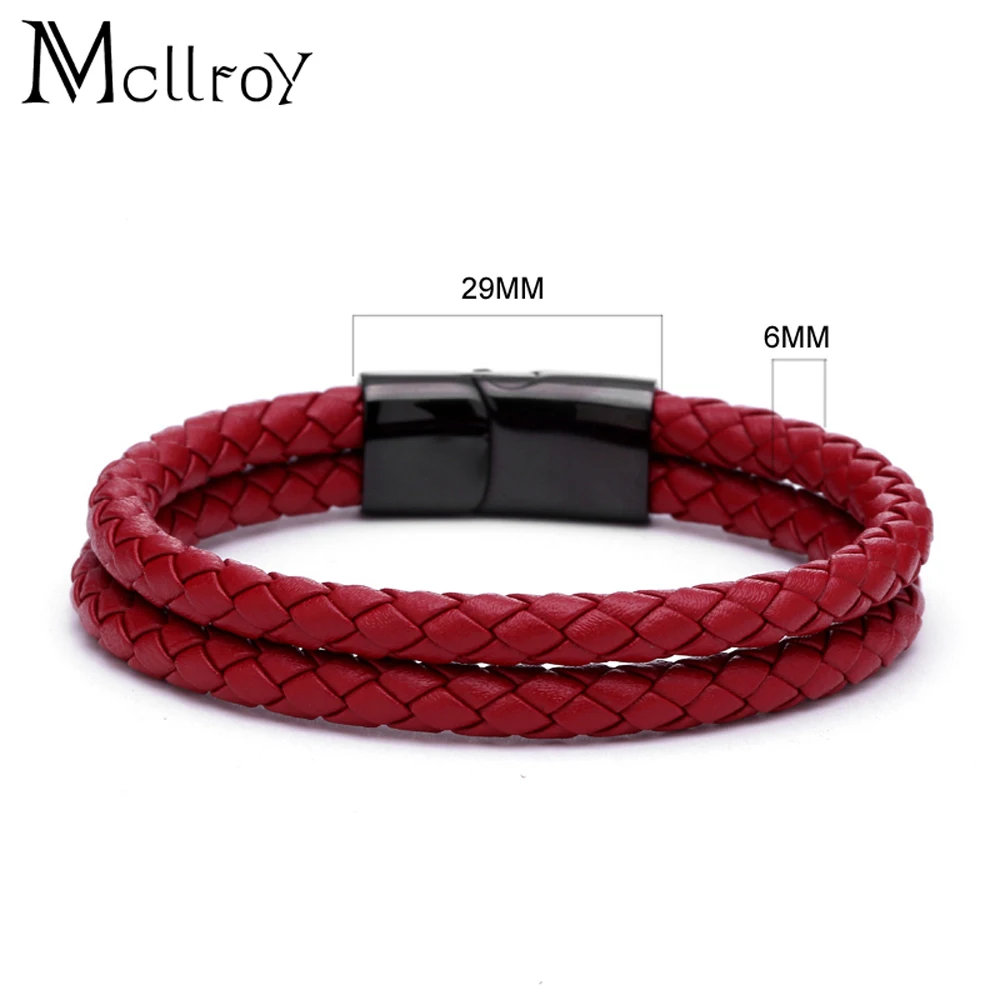 Kopen Mcllroy Lederen armband Echte koe huid Dubbele Titanium rvs knop Braid bangle Trendy Mannen sieraden geschenken voor mannen