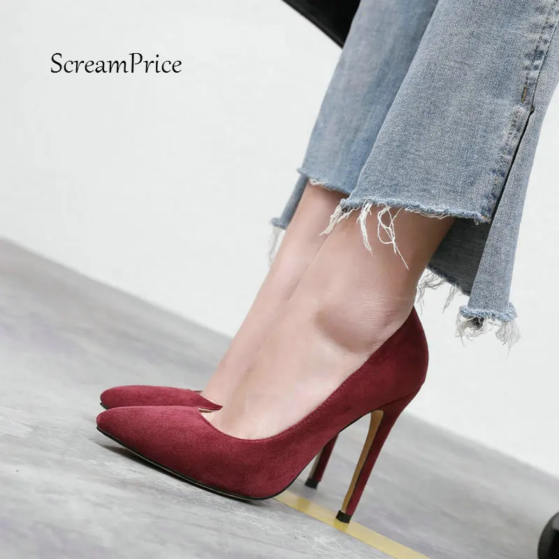 

Women Faux Suede Sexy Thin High Heel Lazy Shoes Fashion Slip On Pointed Toe Dress 2019 New Spring Autumn Women Pumps