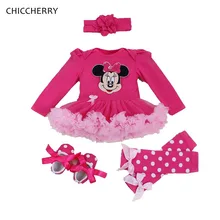 Кружевное платье-комбинезон с Минни-Маус, Bebe, гетры, обувь для кроватки, повязка на голову, 4 шт., комплект с юбкой-пачкой для маленьких девочек, одежда для дня рождения, детская одежда