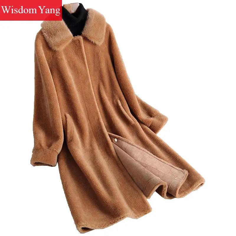 Camel Beige Winter Warm Sheep Shearing Fleece Womens Coat Sheep Wool