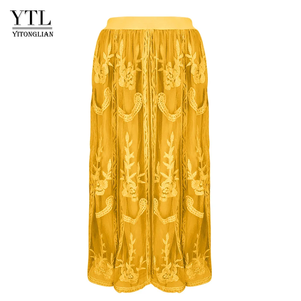YTL Дамская элегантная винтажная Цветочная кружевная юбка миди размера плюс H247 - Цвет: Yellow