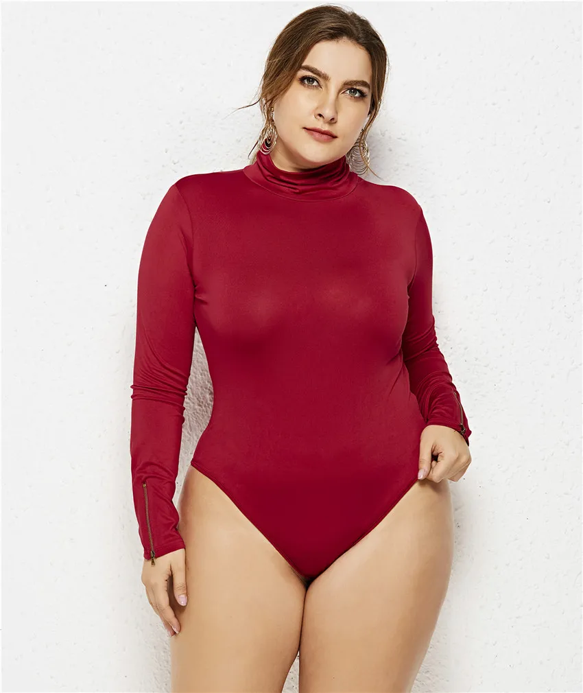 brown bodysuit Jessie Vinson Plus Size Long Sleeve Turtleneck Solid Skinny Bodysuit Women Black White Bandage Bodysuit Jumpsuit 5XL 6X Rompers cut out bodysuit