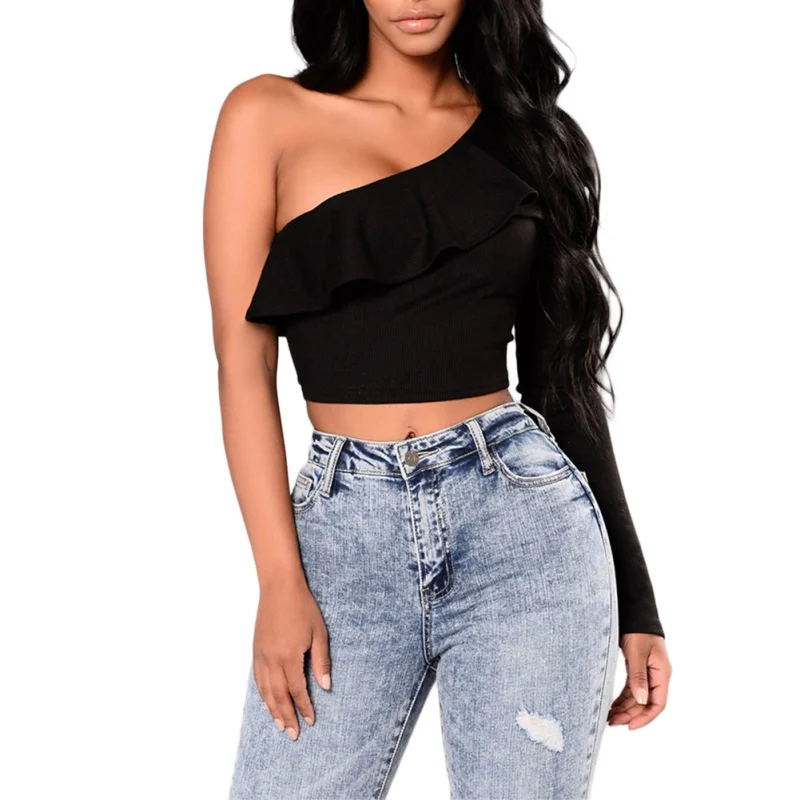 Women Ruffled Solid Tops Short Shirt Female Cotton Summer One Shoulder