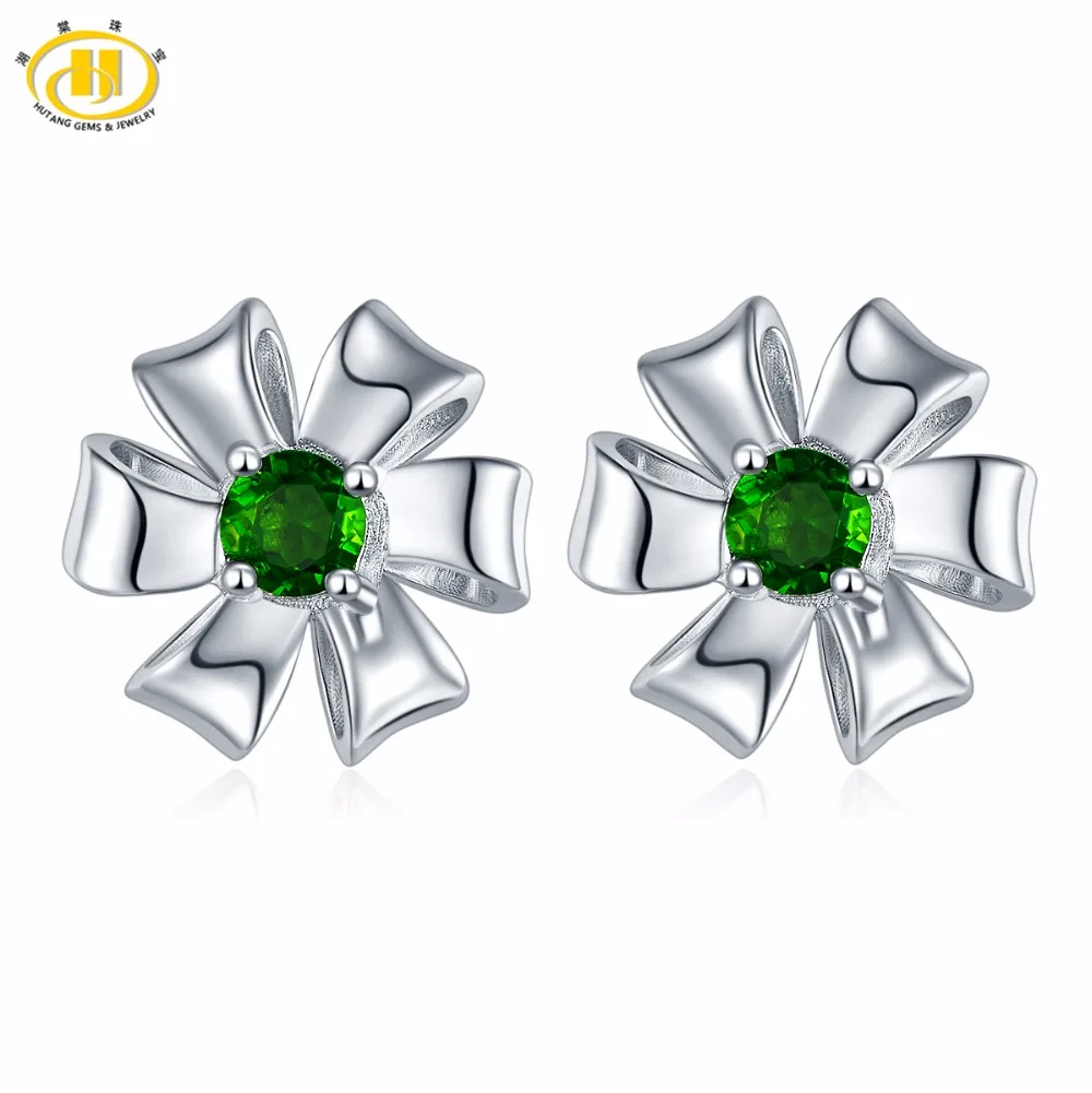 

Hutang 2017 New Design Natural Chrome Diopside Flower Stud Earrings Solid 925 Sterling Silver Green Gemstone Fine Jewelry Women