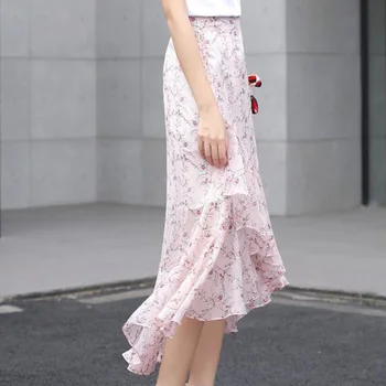 

Women Skirts Pink Floral Print Summer Style Business Work Office Ladies Ruffles Boho Long Maxi High Low Chiffon Skirts Saias