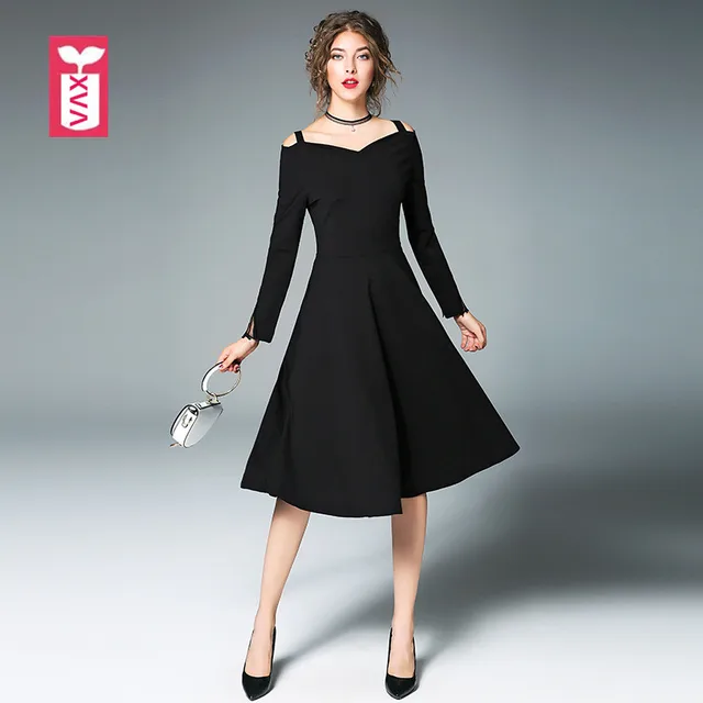 Store black knee length dresses with sleeves for women