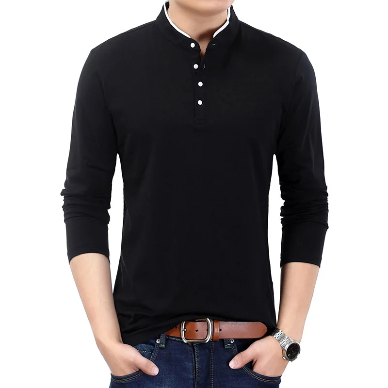 

2018 New Spring Autumn T-Shirt Men 100% Cotton T Shirt Men Solid Color Tshirt Mandarin Collar Long Sleeve Top Tees Male 4XL