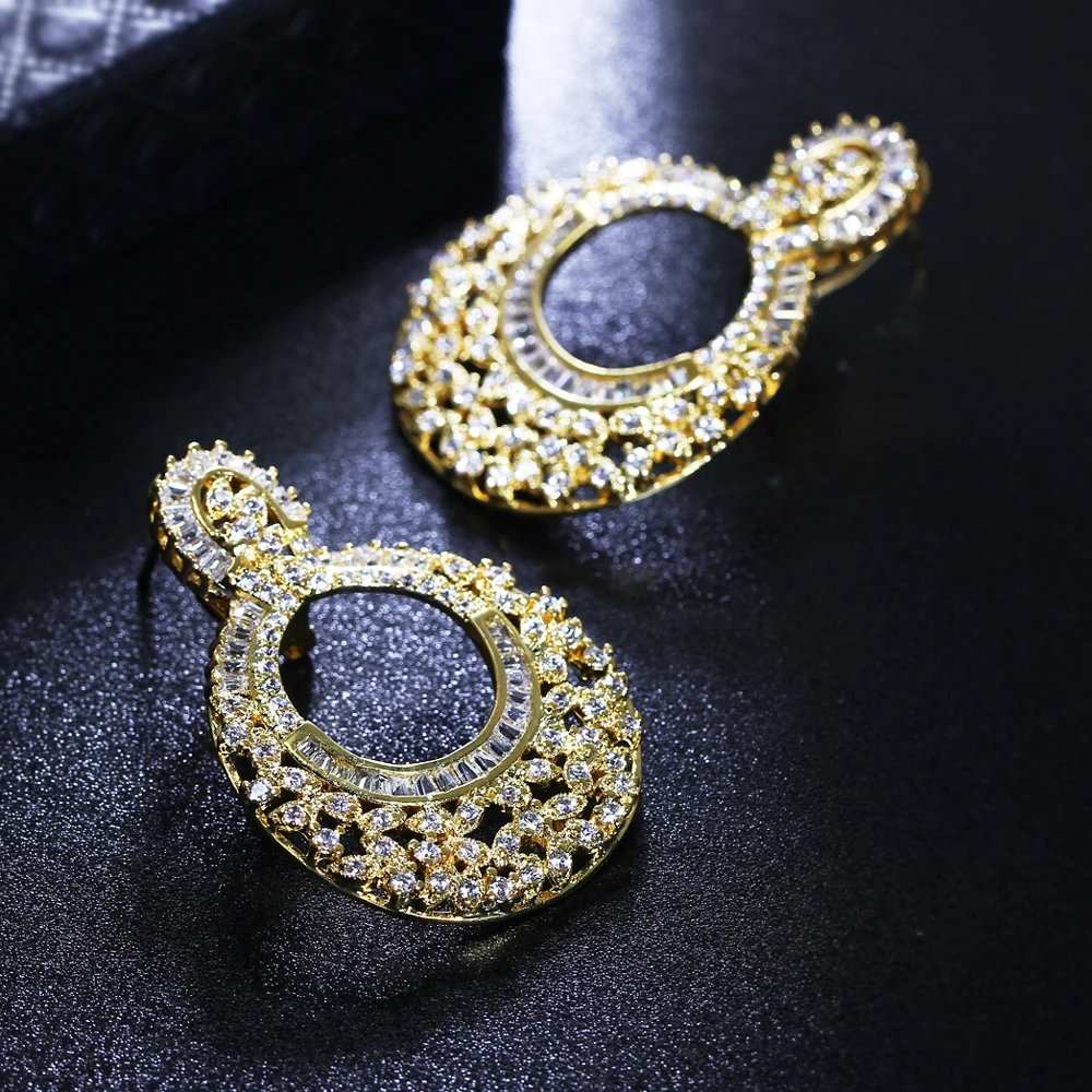 Bridal dangle earrings Round design Luxury jewelry Gold and White color Cubic Zirconia crystal Women large earring