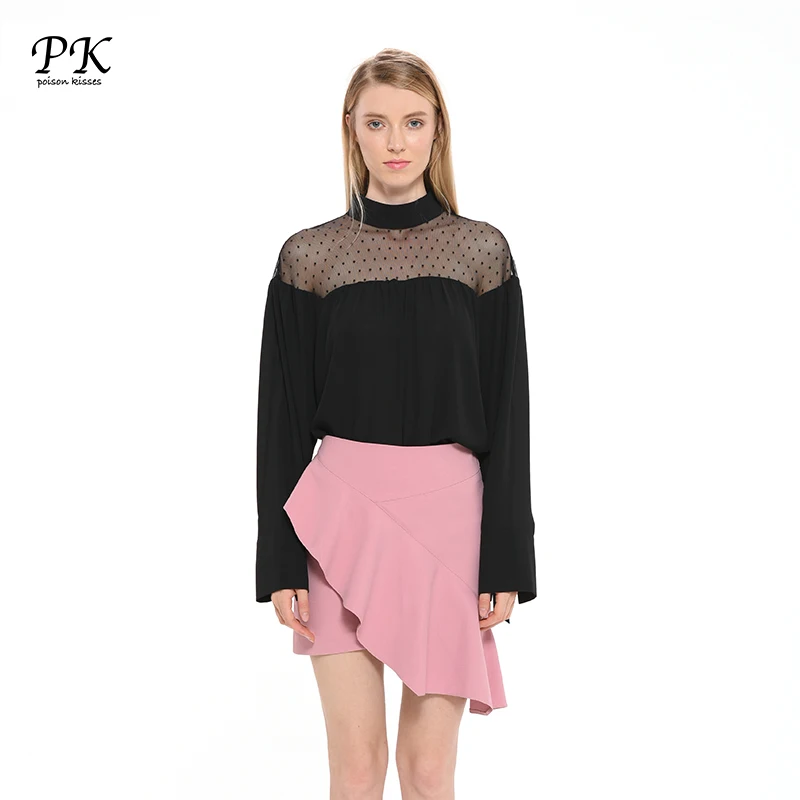 

PK Chiffon Blouse Female Shirts Blousa Femme Black Mesh Sexy Women Clothing Ruffle Long Sleeve Polka Dot Women Tops Ruffle Shirt