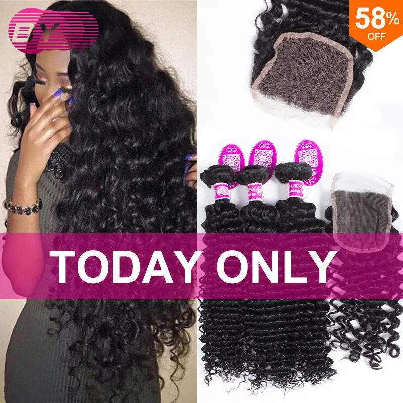 8a Brazilian Deep Wave With Closure 4 Bundles Rosa Hair Products Brazilian Virgin Hair Deep Curly Human Hair With Lace Closure