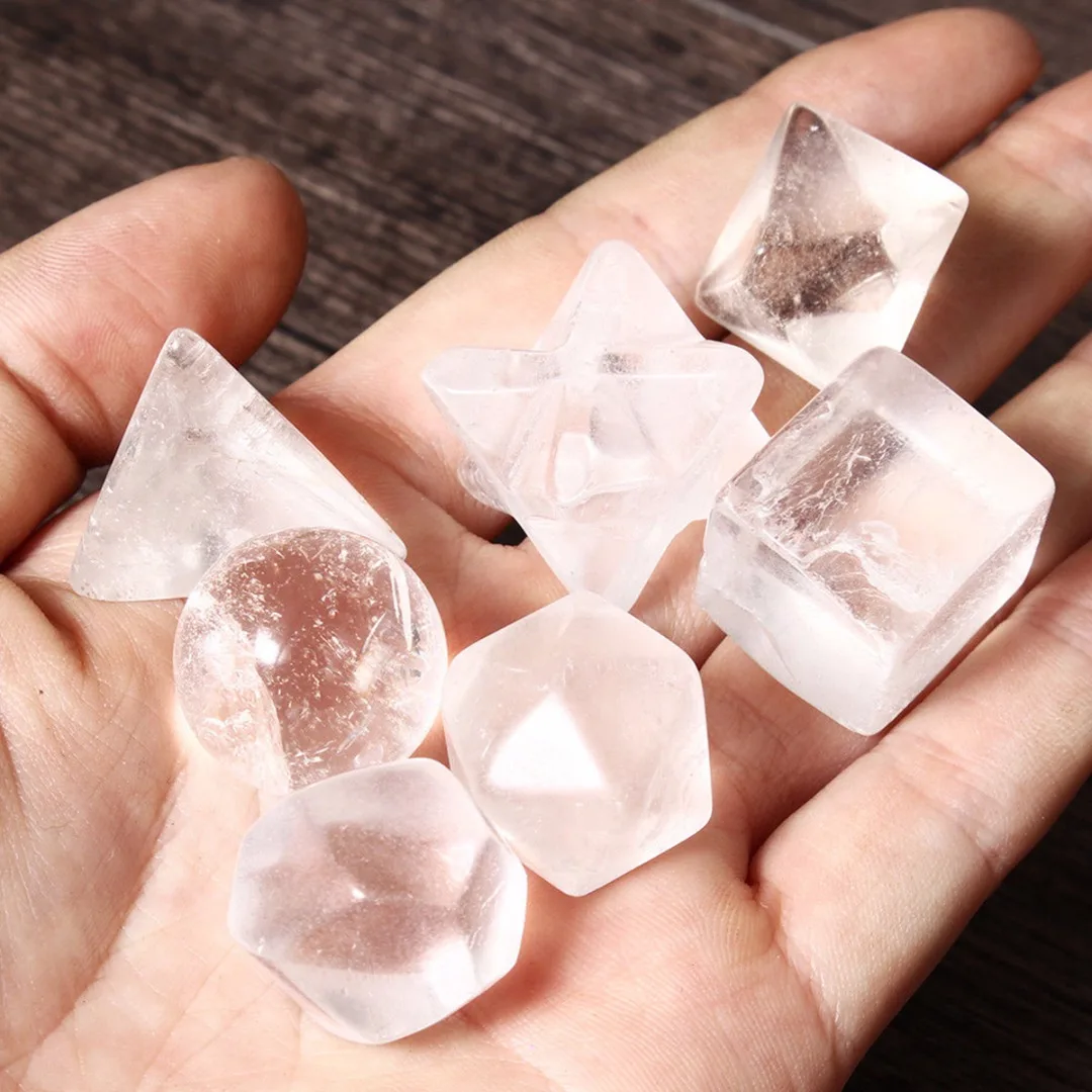 7pcs/set Clear 18-25 mm Quartz Crystal Gem Stones Platonic Solids Sacred Geometric Healing  Carved Crafts Jewelry Making